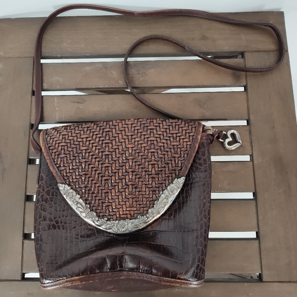 Vintage Brighton Brown Woven/Animal Print Leather Crossbody Bag Purse